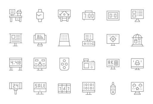digital monitor presentando 24 retina Listo íconos en Delgado línea diseño vector