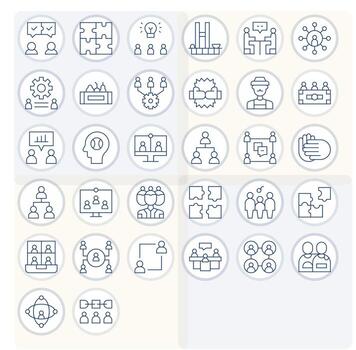 Thin Line Style Teamwork Icons with 32 128x128 Grid Fitted Designs vector