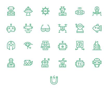 25 Pixel Aligned Icons themed around Futuristic in 128x128 Regular Line format vector