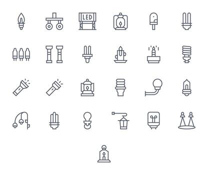 25 Retina Ready Regular Line Icons for Light Source with Pixel Aligned precision vector