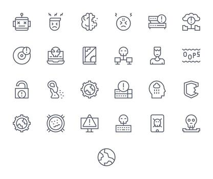 System Failure Visual Pack containing 25 Regular Line PIXEL Perfect Icons vector