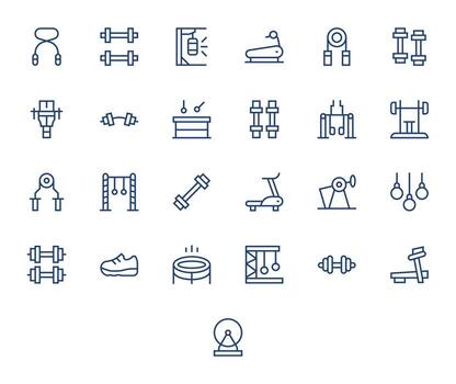 25 Icons inspired by Exercise Equipment in Pixel Optimized 64x64 Regular Line quality vector