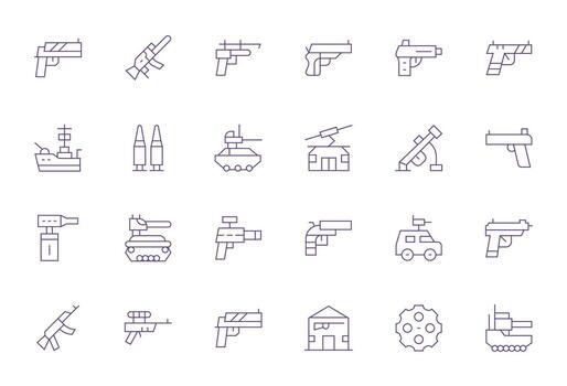 Gun Scalable Set featuring 24 Display Perfect Thin Line High Resolution Icons vector