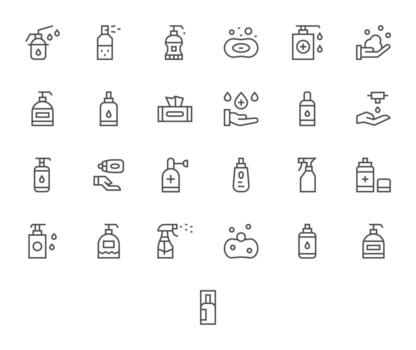 Sanitizer Scalable Set featuring 25 PIXEL Perfect Regular Line 128x128 Icons vector