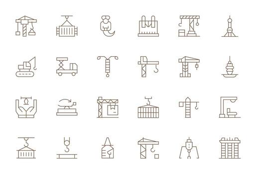 Crane Icon Set with 24 Thin Line 256x256 Display Perfect Graphics vector