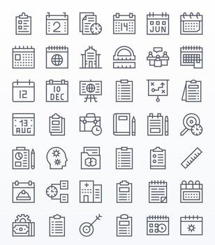 42 Pixel Aligned Icons themed around Planning in 128x128 Regular Line format vector