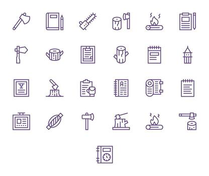 Regular Line Style Log Icons with 25 64x64 Pixel Aligned Designs vector