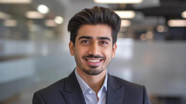 Smiling Young Man in Suit Poses in Bright Office During Daytime photo