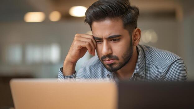 estresado hombre mira a computadora en oficina durante tiempo de día foto