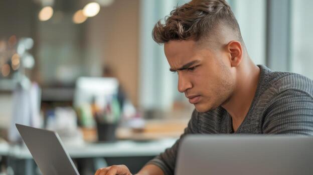 Young Man Focused While Working on Laptop in Office photo