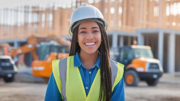 Smiling Female Construction Worker Stands at Building Site photo