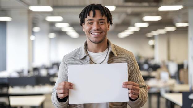 Smiling Young Man Holding a Blank White Sign in an Office Setting photo