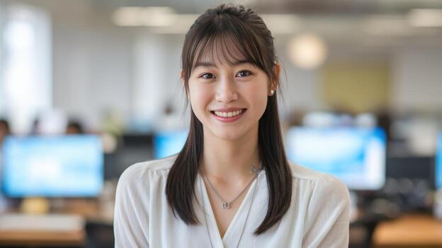 Smiling Asian Woman in Office With Computers Behind Her photo