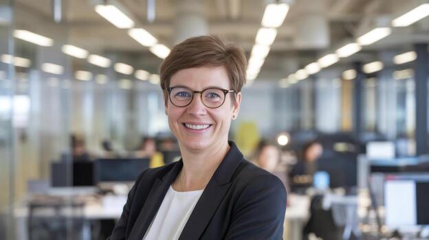 Smiling Woman Stands in Modern Office During Daytime Work Hours photo