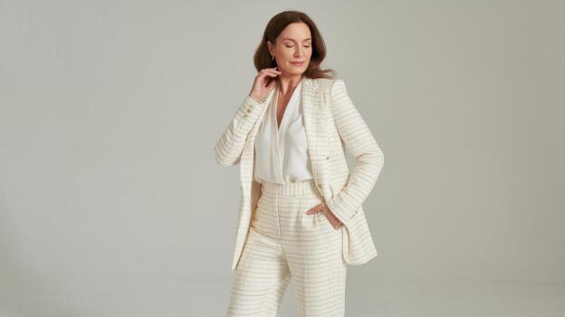 Woman in Elegant Suit Poses in Front of Plain Background in Studio photo