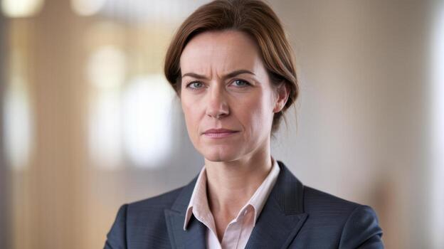 Serious Woman in a Blazer Looks Directly at the Camera in a Business Setting photo