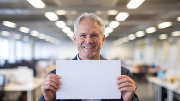 Smiling Mature Businessman Holding Blank Paper in Bright Open Office photo
