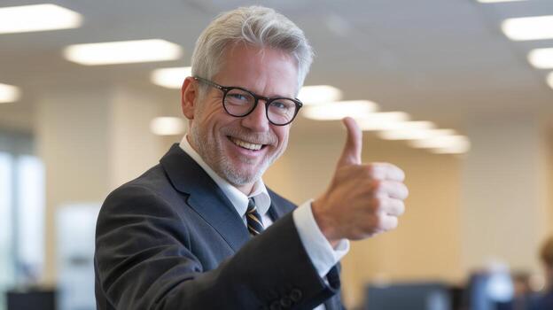 Smiling Businessman Gives a Thumbs up in an Office Environment During the Day photo