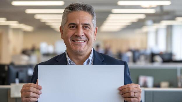Man Holding Blank Sign in Modern Office Background photo
