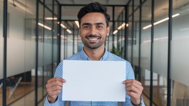 Smiling Man in Office Holding Blank White Sign to Advertise Message photo