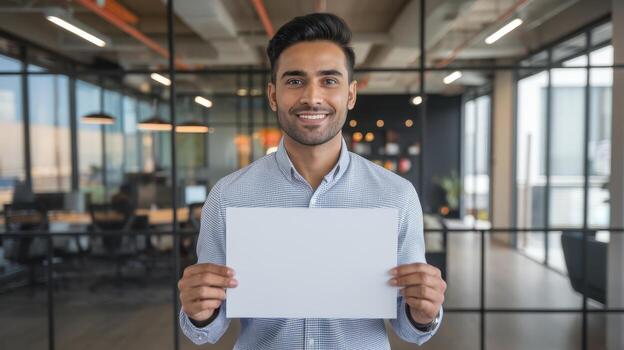Smiling Man Holds a Blank White Sign in a Modern Office During the Day photo