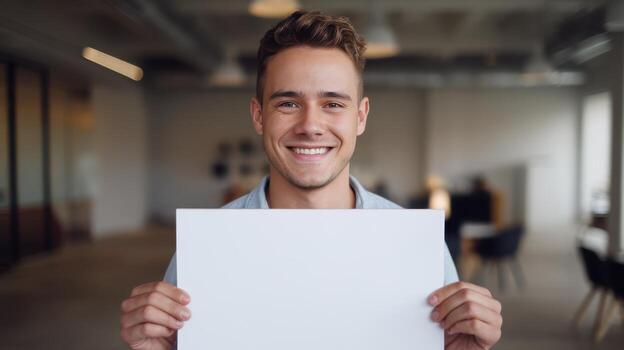 Smiling Man Holds Blank Paper in Modern Office During Daytime photo