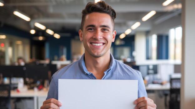 Smiling Man Holding Blank White Sign in Daytime Office Setting photo