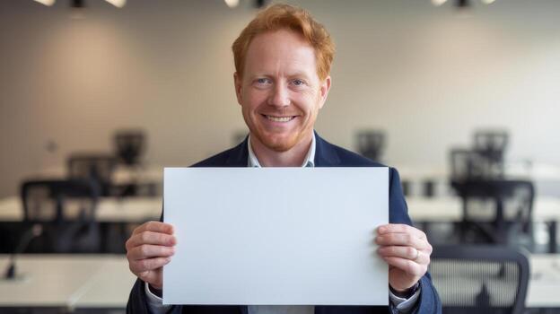 Smiling Man Holds Blank Sign in Bright Office Space During the Day photo