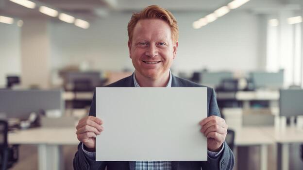 Smiling Man Holds Blank Paper in Office During the Daytime photo