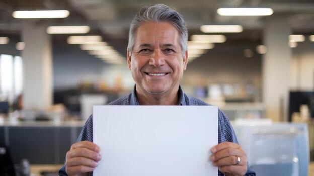 Smiling Mature Man Holds up a Blank Sign in a Modern Office Setting During Daytime photo