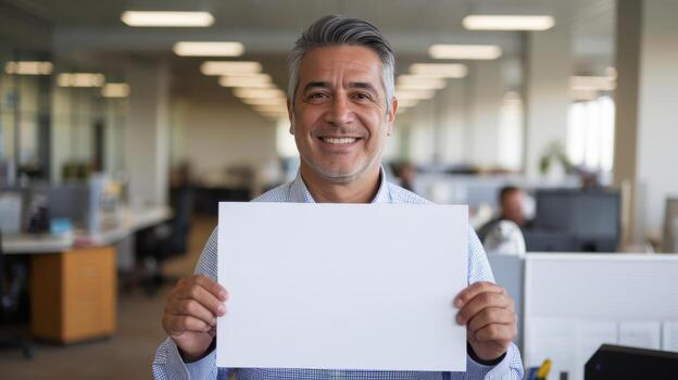 Smiling Man Holds Blank Paper in Office During Daytime for Advertising photo
