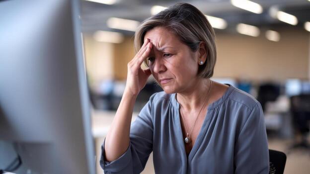 Woman at Computer Experiences Stress During Work Hours in Office photo