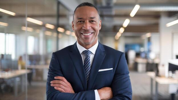 Smiling Businessman With Crossed Arms in Modern Office Setting photo