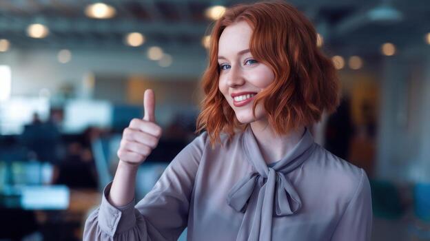 Smiling Redhead Gives Thumbs up in an Office During Daytime photo