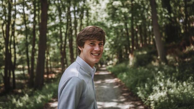 Young Man Smiles While Standing on Dirt Path in a Forest photo