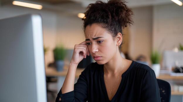 Stressed Businesswoman Working at Computer in Office During Daylight Hours photo