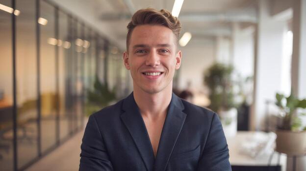 Smiling Young Man in a Blazer Stands in a Modern Office During the Day photo