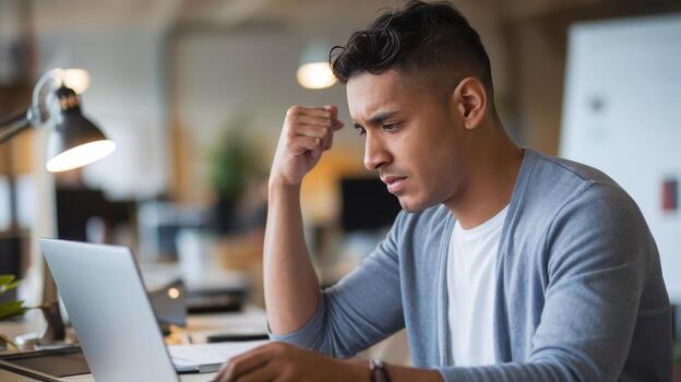 Young Man is Thinking While Working on Computer at Desk in Office photo