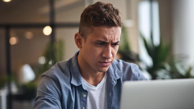 Young Man Working on Computer With Concerned Expression photo