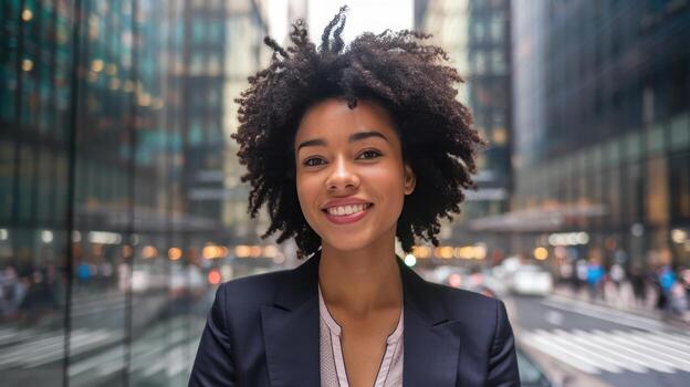 Smiling Professional Woman Standing in Front of Mirrored Office Buildings in Manhattan photo