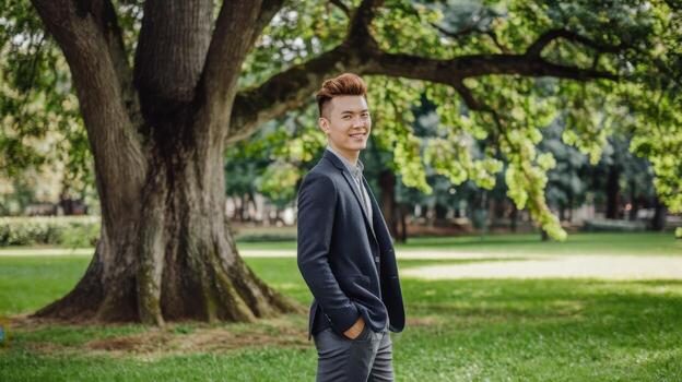 Young Man in Business Casual Attire Posing Under a Large Tree in Daytime photo