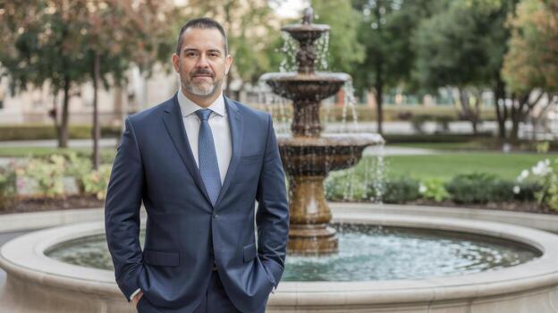 Man in Blue Suit Stands in Front of Flowing Fountain at Government Building photo