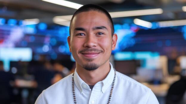 Man Smiles Wearing White Shirt in Front of Computers in Office photo
