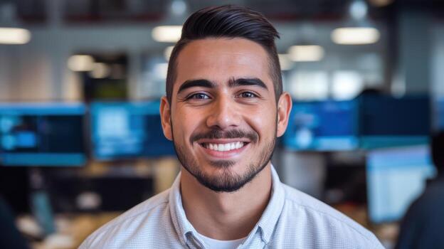 Smiling Man With Dark Hair in Office Environment During Daytime photo