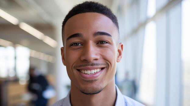 Smiling Young Man Poses in Office Building With Large Windows During Daylight photo