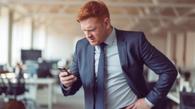 Upset Businessman Looks at Smartphone in Large Office During Daytime photo