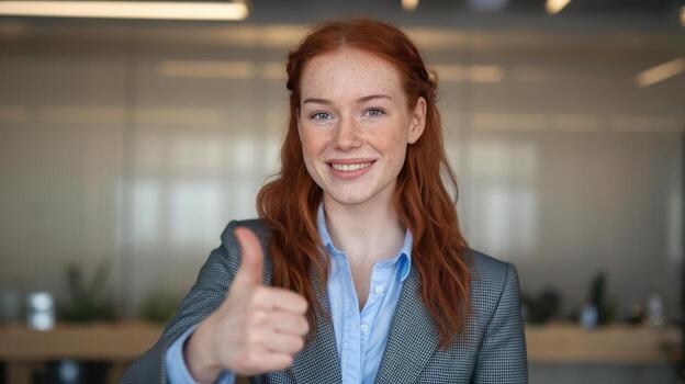 Beautiful Smiling Woman in Blazer Giving a Thumbs Up Gesture photo