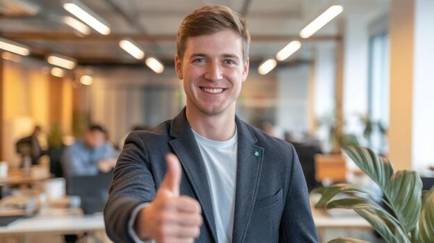 Smiling Man Gives Thumbs up in Modern Office During Daytime photo
