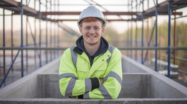 Smiling Construction Worker Stands Confidently at Construction Site During Daytime photo