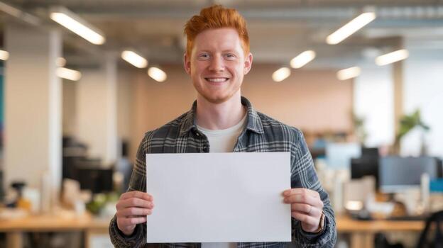 Smiling Redhead Man Holds Blank White Sign in Modern Office Setting During Daytime photo